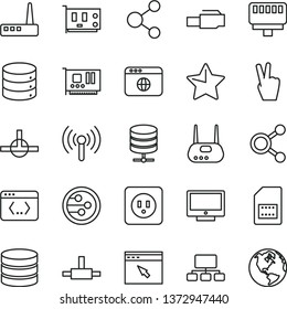 thin line vector icon set - power socket type b vector, star, screen, big data, server, SIM card, connection, connections, scheme, pc, router, network, browser, connect, coding, lan connector, earth