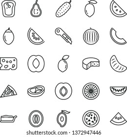 thin line vector icon set - stationery knife vector, piece of cheese, pizza, cake slice, bacon, cucumber, orange, sandwich, plum, water melon, half mango, peach, tangerine, lemon, tamarillo