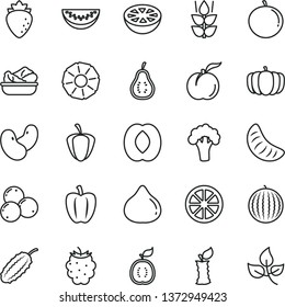 thin line vector icon set - lettuce in a plate vector, mint, ripe peach, raspberry, fig, blackberry, blueberries, water melon, half, slice, tangerine, of, juicy lemon, guawa, pineapple, grapefruit