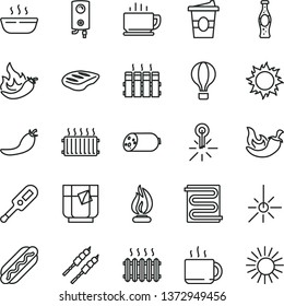 thin line vector icon set - electronic thermometer vector e, heating coil, radiator, boiler, coffee, sausage, Hot Dog, porridge, chop, barbecue, chili, cup of tea, coffe to go, a glass, bottle soda