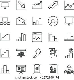 thin line vector icon set - growth up vector, bar chart, graph, negative, histogram, positive, cardiogram, recession, statistical report, scheme, article on the dollar, ring diagram, research, board