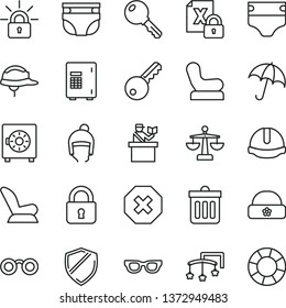 thin line vector icon set - mark of injury vector, scales, toys over the cot, diaper, nappy, Baby chair, car child seat, winter hat, warm, construction helmet, dust bin, lock, key, umbrella, glasses