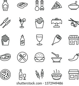 thin line vector icon set - plates and spoons vector, plastic fork, fried vegetables on sticks, pizza, piece of, big burger, a bowl rice porridge, in saucepan, grill chicken leg, bacon, chop, glass