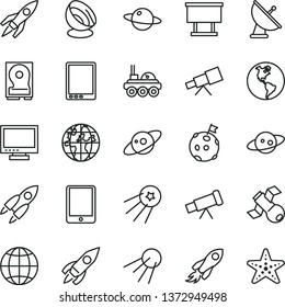 thin line vector icon set - monitor vector, earth, artificial satellite, planet, billboard, rocket, space, tablet pc, hdd, telescope, antenna, saturn, lunar rover, flag on moon, first, starfish