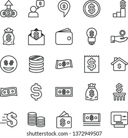 thin line vector icon set - dollar vector, coins, column of, denomination the, financial item, catch a coin, wallet, dollars, cash, mortgage, pedestal, money bag, idea, eyes, growth, mail, dialog