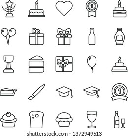 thin line vector icon set - tassel vector, colored air balloons, balloon, cake, birthday, heart, gift, square academic hat, Easter, muffin, piece of, slice, glass, bottle, giftbox, gold cup, star