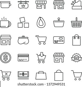 thin line vector icon set - paper bag vector, grocery basket, bank card, children's potty, cubes for children, put in cart, crossed, kiosk, stick of sausage, cup tea, stall, shopping, front the
