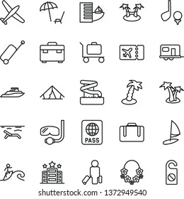 thin line vector icon set - suitcase vector, passport, plane, camper, passenger, ticket, rolling case, hotel, tent, beach, arnchair under umbrella, palm tree, hawaii wreath, aquapark, diving mask