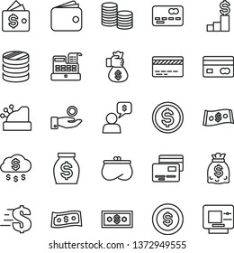 thin line vector icon set - bank card vector, dollar, cards, reverse side of a, front the, coins, column, catch coin, wallet, purse, money, dollars, cash machine, cashbox, bag hand, rain, pedestal