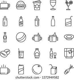 thin line vector icon set - mug for feeding vector, measuring cup, bottle, bath ball, e, packing of juice with a straw, coffee, burger, plate milk, beans, tea, coffe to go, glass soda, cocktail, can