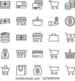 thin line vector icon set - grocery basket vector, bank card, cart, put in, crossed, bag with handles, cards, kiosk, coins, stall, shopping, front of the, column, dollar, get a wage, money, dollars