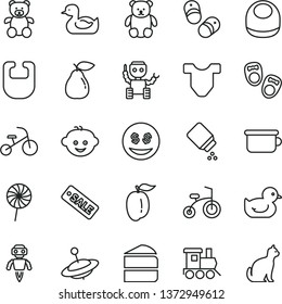 thin line vector icon set - baby powder vector, bib, Child T shirt, rubber duck, duckling, children's potty, teddy bear, small, hairdo, toy train, yule, bicycle, tricycle, shoes for little children