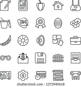 thin line vector icon set - floppy disk vector, briefcase, loudspeaker, archive, children's sand set, Puzzles, hedge, heating coil, notes, 24, popcorn, melon, slice of pineapple, ripe pepper, peas