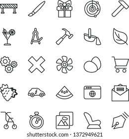 thin line vector icon set - tassel vector, cross, car child seat, sitting stroller, road fence, hammer, with claw, received letter, picture, cart, eggs, cocktail, branch of grape, slice water melon