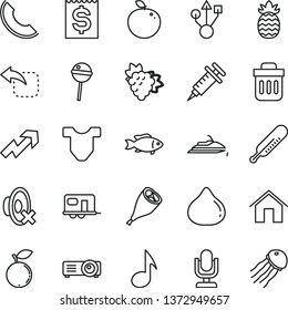 thin line vector icon set - desktop microphone vector, growth up, silent mode, Child T shirt, mercury thermometer, home, move left, grill chicken leg, Chupa Chups, fish, branch of grape, fig, usb