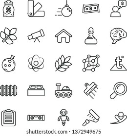 thin line vector icon set - house vector, big core, paint roller, color samples, building level, block, spatula, temperature, new radiator, telescope, atom, zoom, brain, clipboard, robot, biology