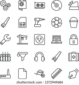 thin line vector icon set - repair key vector, laptop, comb, medical bag, crane, garden trolley, cordless drill, hand saw, arm, bucket, radiator, lock, socket, SIM, water filter, gears, cashbox, fan