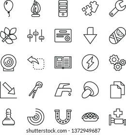 thin line vector icon set - repair key vector, downward direction, clean paper, negative chart, tumbler, balloon, Puzzle, adjustable wrench, faucet mixer, book, lens, move left, porcini, apple pie