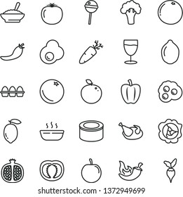 thin line vector icon set - bundle of eggs vector, canned goods, a bowl buckwheat porridge, hot, chicken, chili, carrot, Chupa Chups, glass, fried egg, omelette, orange, half pomegranate, squash