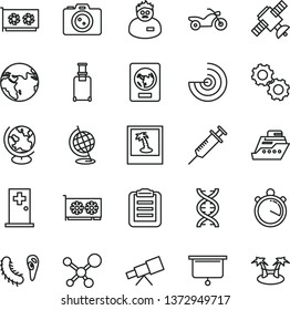 thin line vector icon set - gpu card vector, telescope, molecule, dna, gears, satellite, bactery, globe, scientist, clipboard, radar, syringe, presentation board, stopwatch, earth, motorcycle, photo