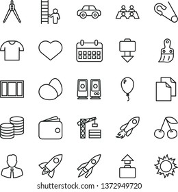 thin line vector icon set - heart symbol vector, clean paper, open pin, motor vehicle, balloon, tower crane, window frame, plastic brush, employee, T shirt, coins, eggs, cherry, space rocket, wallet