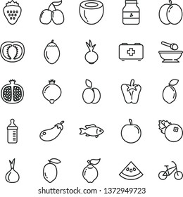 thin line vector icon set - measuring bottle for feeding vector, bag of a paramedic, deep plate with spoon, peper, beet, fish, jar jam, blueberries, strawberry, apple, half pomegranate, quince, plum