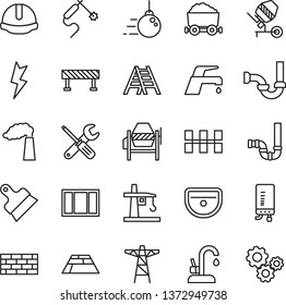 thin line vector icon set - brickwork vector, big core, concrete mixer, window frame, small tools, ladder, sink, siphon, sewerage, ceramic tiles, construction helmet, putty knife, lightning, faucet