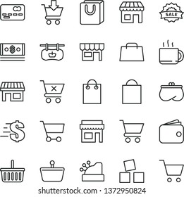 thin line vector icon set - paper bag vector, grocery basket, dollar, cubes for children, cart, put in, crossed, with handles, kiosk, cup of tea, stall, shopping, antique advertising signboard, cash