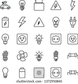 thin line vector icon set - lightning vector, danger of electricity, matte light bulb, saving, power socket type b, f, fan screw, charge level, charging battery, accumulator, electric plug, energy
