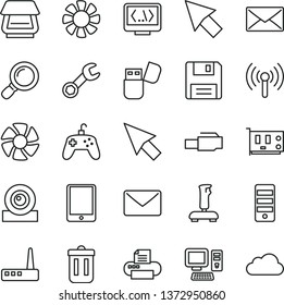 thin line vector icon set - computer vector, tablet pc, fan, tower, card, web camera, router, printer, scanner, usb flash, trash bin, floppy, coding, lan connector, wireless, magnifier, joystick