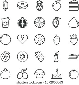 thin line vector icon set - cake vector, broken heart, piece of, slice, with a hole, coffe to go, strawberries, half apricot, pomegranate, grape, red apple, strawberry, fig, mulberry, tasty cornels