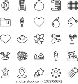 thin line vector icon set - heart symbol vector, hat, loudspeaker, folder bookmark, stepladder, cocktail, pomegranate, slice of lemon, guava, weaving, gas welding, geolocation, research article