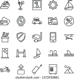 thin line vector icon set - train vector, car baggage, sail boat, motorcycle, rope barrier, passort control, phone registration, rolling case, credit card, beach, sun, cocktail, pool, medical room