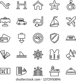 thin line vector icon set - car baggage vector, sail boat, taxi, escalator, rope barrier, plane ticket, getting, credit card, hotel, boungalow, restaurant, starfish, flippers, diving mask, disabled