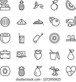 thin line vector icon set - children's sand set vector, suitcase, a glass of soda, blueberries, pineapple, pear, half apricot, strawberry, blueberry, water melon, slice, kiwi, coconut, ripe guava