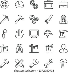 thin line vector icon set - repair key vector, monitor window, crane, drill, hand saw, writing accessories, construction helmet, plummet, hammer with claw, employee, case, suitcase, gear, builder