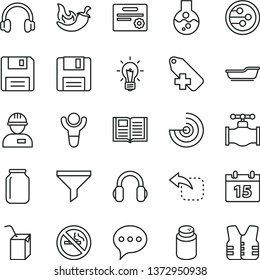thin line vector icon set - add label vector, powder, bath, packing of juice with a straw, workman, calendar, speech, book, move left, chili, valve, jar, filter, headphones, network, floppy, flask