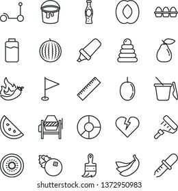 thin line vector icon set - yardstick vector, pennant, stacking rings, children's sand set, Kick scooter, concrete mixer, paint bucket, roller, wooden brush, broken heart, bundle of eggs, pear, kiwi