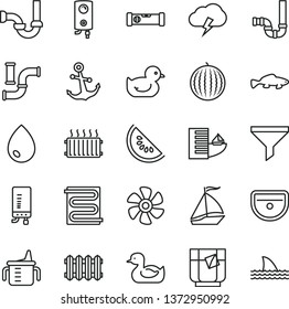 thin line vector icon set - measuring cup for feeding vector, rubber duck, baby duckling, sink, siphon, sewerage, construction level, heating coil, new radiator, boiler, electronic, drop, anchor