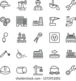 thin line vector icon set - builder vector, adjustable wrench, cordless drill, power socket type b, buildings, construction helmet, plummet, core, sea port, working oil derrick, water pipes, crane