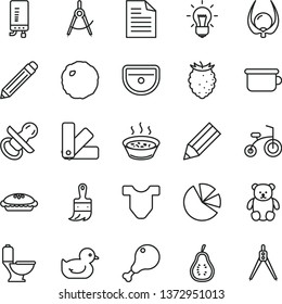 thin line vector icon set - graphite pencil vector, scribbled paper, nipple, Child T shirt, baby duckling, children's potty, small teddy bear, bicycle, color samples, wooden paint brush, sink, pie