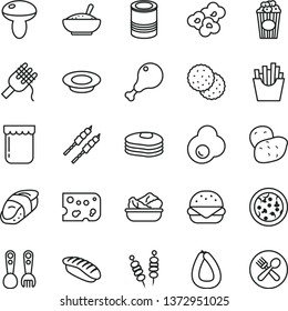thin line vector icon set - plastic fork spoons vector, stick of sausage, piece cheese, tin, fried vegetables on sticks, pizza, big burger, spaghetti, mushroom, a bowl rice porridge, milk, barbecue