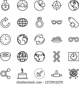 thin line vector icon set - sign of the planet vector, renewal, clockwise, add label, left bottom arrow, cake, onion, glazed with a hole, kiwi, round flask, connections, man in sight, globe, connect