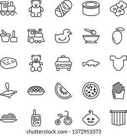 thin line vector icon set - Child T shirt vector, baby duckling, tumbler, toy mobile phone, sand set, deep plate with a spoon, teddy bear, small, funny hairdo, train, children's, yule, bicycle, car
