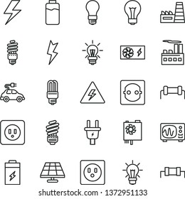 thin line vector icon set - lightning vector, danger of electricity, matte light bulb, saving, power socket type b, charge level, charging battery, solar panel, electric plug, industrial building