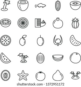 thin line vector icon set - small fish vector, orange slice, pomegranate, fig, melon, half, of tangerine, passion fruit, sweet date, kiwi, sour lime, piece coconut, ripe pineapple, grapefruit, hotel