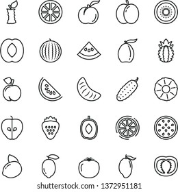 thin line vector icon set - cucumber vector, strawberry, peach, ripe, apple, tasty, water melon, slice of, mango, loquat, delicious plum, half, tangerine, lemon, yellow, juicy, kiwi, passion fruit