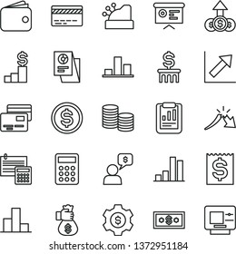 thin line vector icon set - bank card vector, bar chart, growth, calculation, cards, coins, a crisis, statistical report, dollar, financial item, wallet, research, calculator, cashbox, pedestal, atm