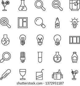 thin line vector icon set - incandescent lamp vector, magnifier, zoom, out, measuring cup for feeding, mercury thermometer, e, window, frame, bulb, a glass of tea, cocktail, bottle, liquor, light