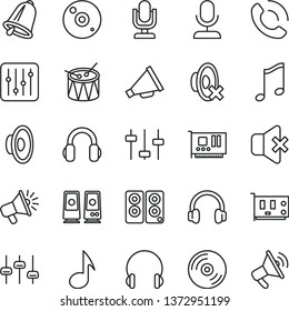 thin line vector icon set - desktop microphone vector, horn, loudspeaker, silent mode, drum, bell, headphones, music, CD, regulator, no sound, phone call, pc card, speaker, note, settings